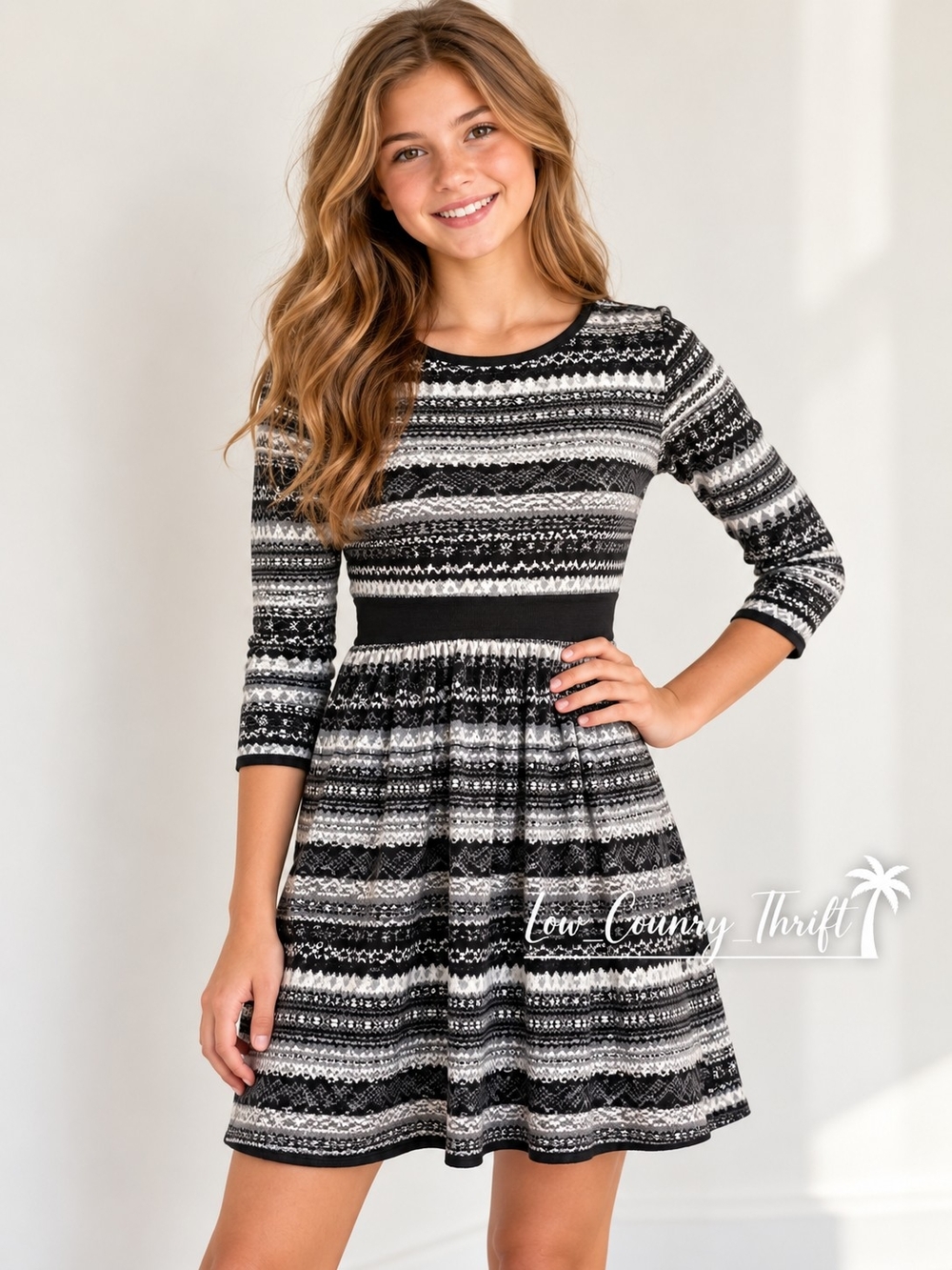 Jessica Simpson Girls XL 14-16 Black Gray White Knit Fit Flare Dress